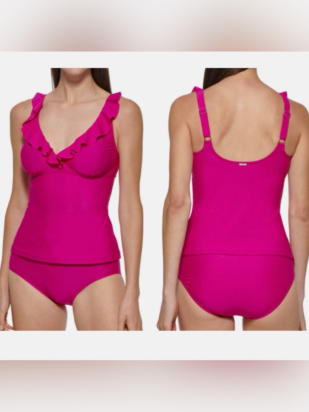 DKNY V-Neck Ruffle Tankini 2PC Swimsuit - Picture 2 of 14